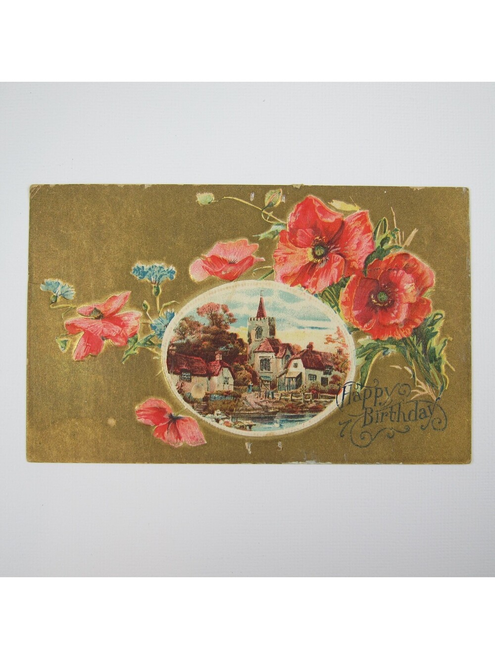 Postcard Birthday Greeting Antique Village Buildings Gold Red Poppy Blue Flowers